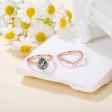 18k gold Natural Moss Agate Ring Set 1.25ct Green Stone 10k gold Pear Cut Natural Moss Agate Ring Set for Women Moss Agate Jewelry Promise Ring