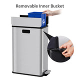 GarveeHome 14.8 gal Dual Compartment Step Trash Can, Stainless Steel Kitchen Bin with Butterfly Lid & Foot Pedal, 2x7.4 gal, Silver