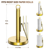 theaoo Heavy-Duty Stainless Steel Paper Towel Holder with Tension Arm – Easy One-Handed Tear, Modern Standing Countertop Dispenser for Kitchen, Holds All Paper Towel Rolls (1, Gold)