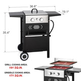 GREEN PARTY 2 Burner Griddle Grill Combo, 2 in 1 Propane Gas BBQ Grill w/Cast Iron Plate, 20,000 BTU Output Small Flat Top Propane Barbecue Grill for Camping, Patio, Backyard, Balcony