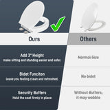 BIGCOW Raised Toilet Seat with Bidet - Round, Soft Close, 3" Height - Dual Nozzle (Frontal & Rear Wash) with Adjustable Cold Water Pressure and Stainless Steel Inlet (Round)