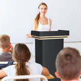 43" Wood Podium Stand with Wheels, Portable Lectern with 3 Levels of Storage