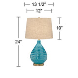 360 Lighting Kayley 24" High Small Mid Century Modern Coastal Table Lamps Set of 2 Blue Ceramic Linen Shade Living Room Bedroom Bedside Nightstand House Office Home Reading Kitchen Entryway Console