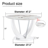 JUFU Round Dining Table for 4/6, 47 Inch Faux Marble Look Dining Room Table, White Kitchen Table with Stable Pedestal, Modern Glass Dining Table for Kitchen,Living Room,Apartment,Restaurant