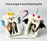 DegoCython Photocard Holder, 2 Pack Angel & Devil Puppy Pair, Plush Photo Card Keychain, Clear Protective Sleeve, 3 Inch Size, Dual Hanging Clasps for Kpop Fans Backpack Charm Gift Concert