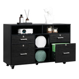 VINGLI Wood Mobile File Cabinet with 4 Drawers and Shelves, Printer Stand with Open Storage, Black