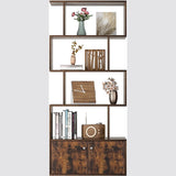 DDYYDS 5-Tier Bookshelf with Doors Wooden Geometric Bookcase S-Shaped Display Shelf with Cabinet Rustic Brown