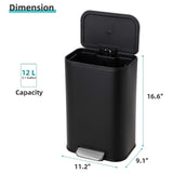 GarveeHome Bathroom Trash Can, 3.2 gal Stainless Steel Garbage Can with Lid, Rectangular Small Step Waste Bin with Foot Pedal & Removable Inner Bucket for Kitchen Bedroom Restroom (Matte Black)