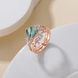 Heart Moss Agate Engagement Ring set Engraving Text Moss Agate Wedding Ring Set Gold For birthday Promise ring Chirstomas (Rose gold)