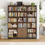 HOSTACK 71" Tall Triple Wide Bookshelf with Storage Drawers & Doors, Brown