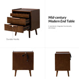 HULALA HOME 2 Drawer End Table with Pull-Out Shelf, Mid-Century Modern End Table with Wood Legs, Wood Side Table with Charging Station(Walnut, Set of 2)
