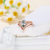 14k gold Natural Moss Agate Ring Set 1.25ct Green Stone 10k gold Pear Cut Natural Moss Agate Ring Set for Women Moss Agate Jewelry Promise Ring