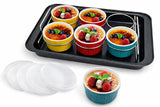 Ramekins set - Creme Brulee Making Kit - COLORED 6 Porcelain Ramekins 6 Oz With Silicone Lids - 304 Stainless Steel Lifting Rack And 9.5" X 14" Baking Pan - Oven Safe