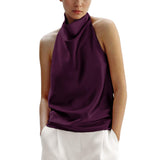 Maohao Women's Silk Satin Tank Tops Halter Draped Front Sexy Backless Womens Summer Tops Elegant Camisole Tops (Burgundy,M)