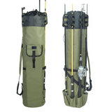 DONQL Fishing Rod Bags - Outdoor Pole Holders, Multifunction Camping Portable Canvas Backpack Case - Fish Rod Storage Bag Holding 5 Poles & Tackles (Dark Green)