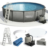 AquaDoc Coventry Round Steel Wall Above Ground Pool Kit 24' x 52" in Pewter Gray Finish with Sand Filter, Ladder, Skimmer, 25 Gauge Liner, Floor Pad and Cove Elite Package - Made in North America