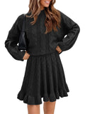 Tankaneo Womens 2 Piece Sweater Skirts Set Chunky Cable High Neck Long Sleeve Sweaters Ruffle Mini Skirt Lounge Set