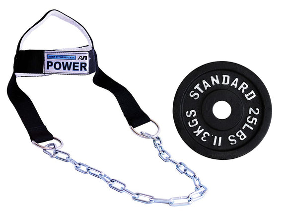 Ader Head Neck Harness Set w/ 25lb Olympic Plate for Weight Training - Neck Exercise Equipment for Neck Workout- Adjustable Heavy Duty Padded Nylon Head Harness with Steel Chain and Double D Rings Ader Sporting Goods