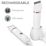 OLOV Electric Body Hair Trimmer - Groin Trimmer for Men - Bikini Trimmer Women - Wet/Dry Shaver Groomer, Replaceable Ceramic Blade Heads, USB Recharge Dock, Waterproof Hygiene Razor, White