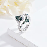 Oseew Natural Moss Agate Ring for Women 2CT Kite Cut 2 Pieces Engagement Ring Set 10K/14K/18K Solid Gold/Sterling Silve Personalized Wedding Leaf Vintage Bridal Promise Ring for Women