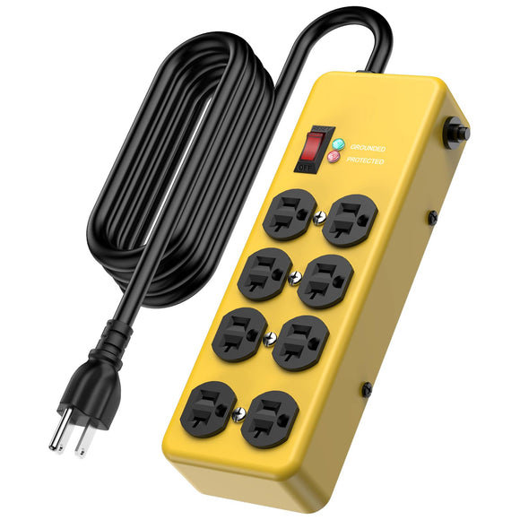 20A Power Strip Surge Protector: Durable Metal 8-Outlet with Heavy Duty 20 Amp Extension Cord (Yellow, 6FT) HEZI