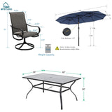 MFSTUDIO Outdoor Dining Set with 13 ft Umbrella for 6, Brown Chairs
