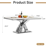 Maotifeys White Marble Dining Table for 6 Modern Luxury Faux Marble Kitchen Table for 4-6,68" Large Dining Room Tables with Classic X Pedestal Silver Stainless Steel Base