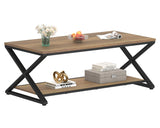 HSH Rustic Farmhouse Coffee Table, Modern Minimalist Wood and Metal Living Room Table, 2 Tie Rectangle Center Table with Storage & Display Shelf, Simple Office Cocktail Tea Table, Rustic Oak, 39 Inch