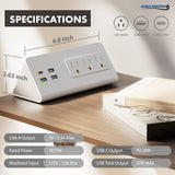 Kable Kontrol Desk Clamp Power Strip with USB-C Port, Nightstand Charging Station, 3 AC Outlets, 3 USB-A Ports, Fast Charger, Easy Installation for Home, Offices, Hotels – 4.9 Ft, White, 1 Pc