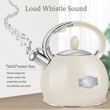 RETTBERG Tea Kettle for Stovetop Induction Whistling Tea Kettles 2.64 Quart Retro Food Grade Stainless Steel Teapots with Cool Touch Handle Creamy White