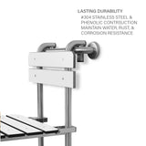 Seachrome Profile Folding Shower Seat with 18 inch Grab Bar, Removable Hanging Bench with Backrest & Legs, White Phenolic Seat, Stain Stainless Steel Grab Bar