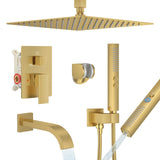 FAROLAN Brushed Gold Shower System with Tub Spout, Ceiling Mounted Bathtub Shower Faucet Set, 12" Rainfall Shower Head and Handheld Shower Combo, High Pressure Shower Fixtures Set with Rough-in Valve