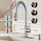 VIDEC Touch On Kitchen Faucet, 3 Modes Pull Down Sprayer, Touch On Sensor Activated, LED Temperature Control, 360-Degree Rotation,1 or 3 Hole Deck Plate. 10-Year Warranty.(Brushed Nickel, KW-70SN)