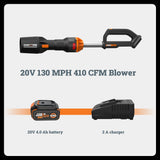 WORX Nitro Cordless Leaf Blower, Electric Blower with 410 CFM & 130 MPH with 3.8 Lbs, 4.0 Ah Battery & Charger Included, WG543