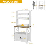 DWVO White Baker Rack with Power Outlet and Storage, Farmhouse Microwave Stand with Door for Kitchen, 5-Tiers Tall Coffee Bar Station Cabinet Thickened Counter with Hutch Shelves
