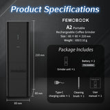 Femobook-A2 Portable Electric Coffee Grinder, Cordless Burr Grinder USB Rechargeable Coffee Grinder Magnetic Grounds Cup Travel & Home Brewing, Black