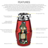 Garbage and Food Waste Disposer 2600 RPM Stainless Steelfood Disposal Grinder Continuous Feed Super Quiet&Easy to Install with Air Switch Garbage Disposal,Red