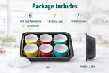 Ramekins set - Creme Brulee Making Kit - COLORED 6 Porcelain Ramekins 6 Oz With Silicone Lids - 304 Stainless Steel Lifting Rack And 9.5" X 14" Baking Pan - Oven Safe