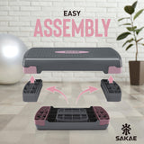 Pink Grey Exercise Step Platform Set with Kettlebell & Measuring Tape, Adjustable Height 2 Level Risers Workout Step Trainer, Aerobic Steppers for Home Gym Exercise Fitness Workout