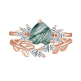 Heart Moss Agate Engagement Ring set Engraving Text Moss Agate Wedding Ring Set Gold For birthday Promise ring Chirstomas (Rose gold)