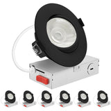 LUXRITE 4-Inch Gimbal LED Recessed Lighting, 5 Color Selectable 2700K-5000K, 15 Watts, 1250 Lumens, Adjustable 360º + 30º Swivel Spotlight, Dimmable, CRI90, IC & Wet Rated, ETL, Black (6 Pack)