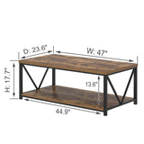 EXCEFUR Modern Coffee Table, Rustic Wood and Metal Living Room Table with Storage Shelf, Industrial Rectangle Center Table, 47 Inch Brown