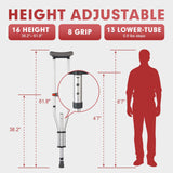 Muyege.Duan Aluminum Underarm Crutches for Adults & Seniors, Adjustable Height 38.2-61.8 in (16 Levels), Lightweight 2.0 lb Each, 300 lb per Pair, Non-Slip Tips, Tool-Free Setup, Push-Pin Locking