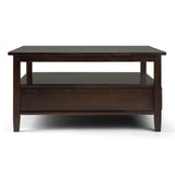 SIMPLIHOME Warm Shaker Square Coffee Table - 36 inch Wide Solid Wood Cocktail Table in Tobacco Brown, Transitional Living Room Table with Large Storage Drawer and Open Shelf for Sitting Area