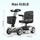 Folding 4 Wheel Mobility Scooter for Seniors, 250W Differential Motor, Detachable Battery, Compact Travel Electric Wheelchair with Adjustable Seat, Max Load 418LB