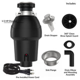 Garbage Disposal, 1/2 HP for Kitchen Sink Quiet with Stopper, Power Cord, Stainless Steel, Continuous Feed Food Waste Disposer