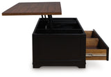 Signature Design by Ashley Wildenauer Lift Top Cocktail Table, Satin Finish Base, 2 Drawers, 2 Storage Bins, Hardwood Solids, 52" W x 28" D x 19" H, Light Brown & Black