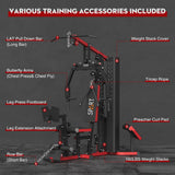 Multifunctional Home Gym Station, Home Gym Workout Exercise Equipment with 160LBS Weight Stack, Full Body Strength Training Workout Machine for Leg Press, LAT Pull Down, Chest Press, PEC Fly, Red