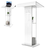 Podium Lectern, Pulpit for Churches with Double Shelves, Modern Plexiglass Pulpits Lectern with Cross Design for Classroom