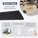 72 Inch Black Large Crystal Chandelier Ceiling Fans with Lights and Remote